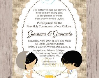 PRINTABLE First Holy Communion Invitation for Siblings, Twins, Cousins / Choose Hair & Skin Color and Boy or Girl / Burlap / You Print HC17