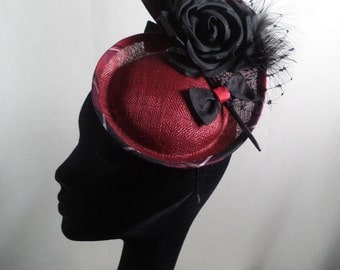 Red hatinator/fascinator with tartan trim. Wedding hat-Races hat-Special occasion hat
