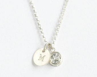 April Birthstone and Initial Necklace Sterling Silver / Bezel Set White Topaz / Personalized Birthstone Jewelry