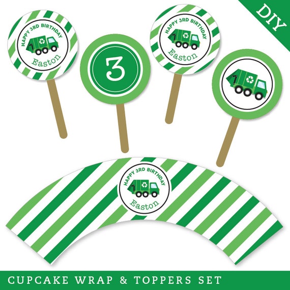 Garbage Truck Party - Personalized DIY printable cupcake wrapper and topper set Il_570xn