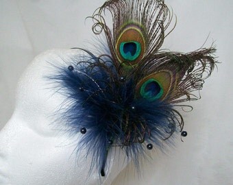 Navy Peacock Fascinator- Dark Blue Feather & Crystal Pearl Burlesque Rustic Steampunk Wedding Fascinator Hair Comb Band- Made to Order