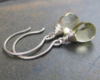 Lemon Quartz Briolette Earrings - Faceted Tear Drops - Sterling Silver Hook Earrings