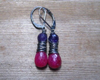 Ruby and Amethyst Teardrop Dangle Earrings, July Birthstone Jewelry, Wire Wrapped In Sterling Silver, Ruby Jewelry, Red Ruby Earrings