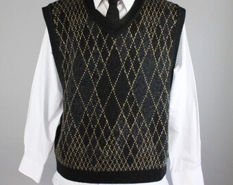 Mens Sweater Vest. Art Deco Print. Pullover Sweater Vest. Black Gray Beige. Winter Spring. Vintage. Size Xl . GOGOVINTAGE