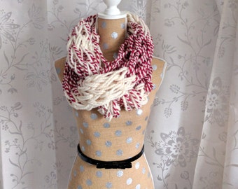 Candy Cane Chunky Knit Infinity Scarf - Red and White - Arm Knit Scarf - Loose Weave Scarf