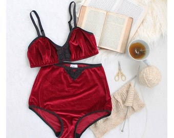 Red Plush Velvet Bra and High Waist Panties 'Noelle' with Black Lace Detail Valentines Christmas Lingerie Set Handmade to Order