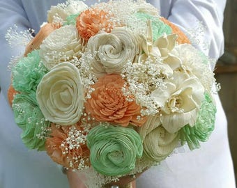 Sola Flower Bouquet, Wood Flower Bouquet, Romantic Wedding Bouquet, Eco friendly Flowers, Rustic Bouquet, Burlap Bouquet, Peach and Mint