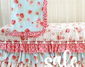 SALE Shabby Chic Roses Baby Girl Bedding Set , Cottage style nursery, Lulu Roses floral baby bedding, Shabby Chic Nursery, bumperless RTS