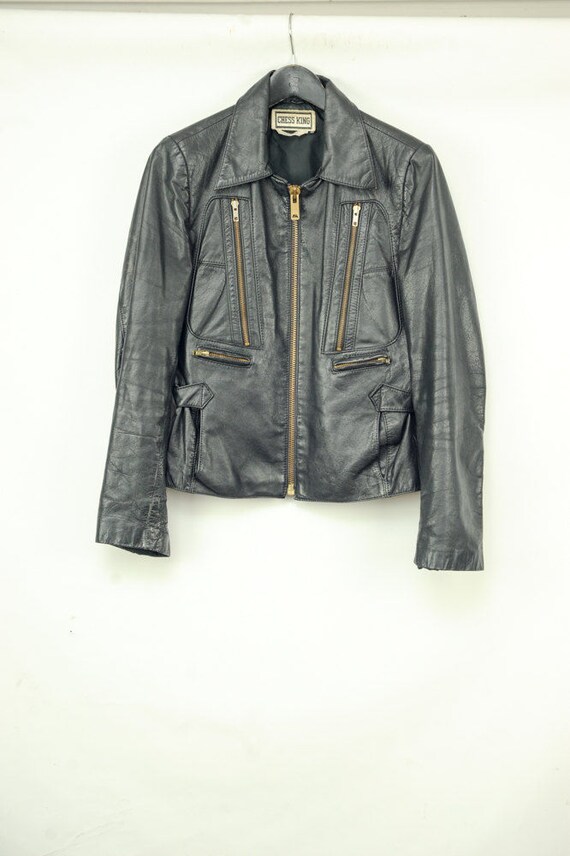 70s Black Leather Biker Jacket Metal Zippers Chess King Size 70s Black Leather Biker Jacket Metal Zippers Chess King Size 40