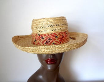 1950s Wide Brim Sun Hat vintage NOS fedora style Italian straw hat