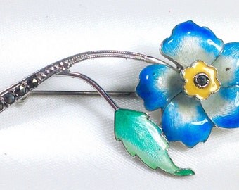 Vintage Forget-Me-Not 1 3/4" Sterling Silver Enameled Marcasite Brooch Pin Mid Century 152209 L8A