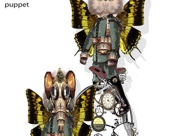 Printable Steampunk time traveling Kitty articulated paper doll puppet