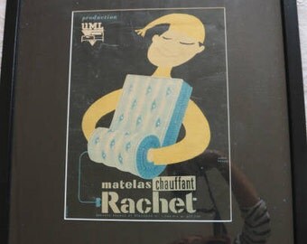 Herve Morvan black framed French advertisement for Rachet mattress matelas chauffant 1963