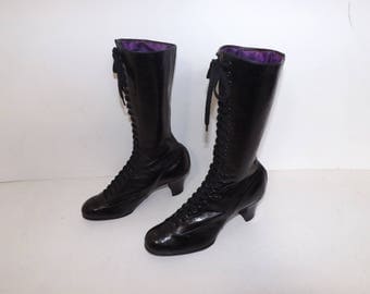 Antique Victorian black leather lace up ankle boots shoes excellent condition