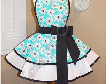 Aqua Daisy Print Woman's Retro Apron Accented In Black And White...Plus Sizing Available