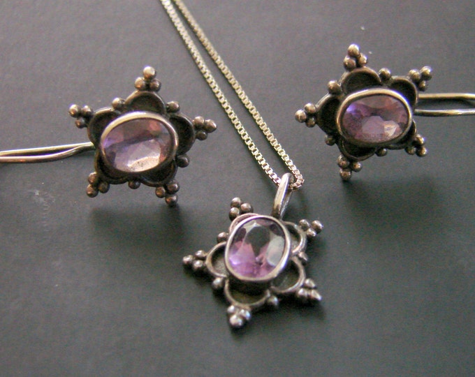 Vintage Sterling Amethyst Pendant Necklace Earrings Demi Parure Jewelry Jewellery