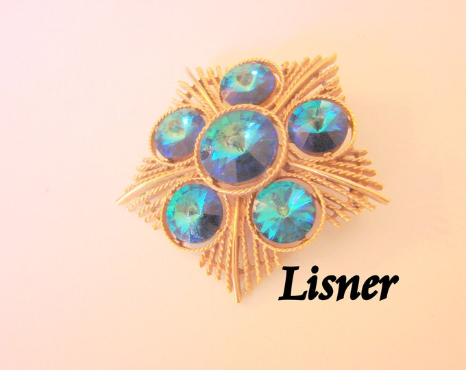 Vintage Blue Rivoli Rhinestone Lisner Goldtone Brooch Designer Signed Star Motif Retro Jewelry Jewellery