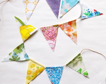 flag bunting, vintage fabric garland, fabric banner, garland fabric, pennant garland, bunting banner, vintage fabric sheets bunting,