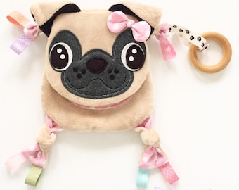 Pug baby blanket lovey teething organic ring toy friend