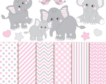 70% OFF SALE Baby Elephant Clipart & Digital Paper - Vector Baby Girl Elephant Clipart, Nursery Clip Art, Baby Elephant Digital Paper