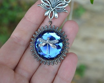 Art Nouveau necklace, blue dragonfly necklace, royal blue crystal necklace, art nouveau jewelry, blue jewel camphor glass jewelry