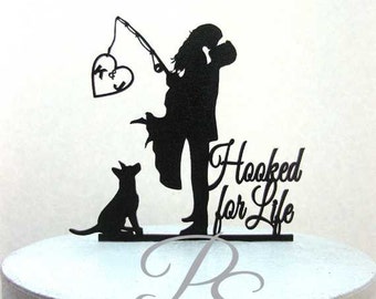 Personalized Wedding Cake Topper - Hooked on Love 3 with personalized Initials, Dog and "Hooked for Life"