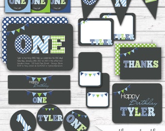 First Birthday Boy, First Birthday Party Decorations, Party Package, Printable Blue and Green Polka Dots Stripes Argyle, Printable Party Kit