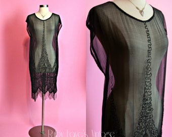 RESERVED 1920's Vintage Black Silk Sheer Glass Beaded Fringe Flapper Dress