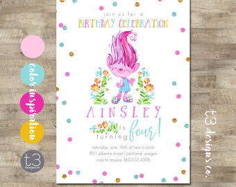 Girl Trolls Birthday Invitation, Trolls Birthday Invitation, Trolls Birthday Party, Trolls Birthday Invite, Whimsical Trolls Birthday