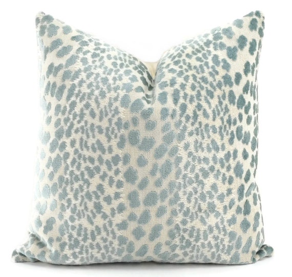 Pale Aqua Blue & Off White Velvet Cheetah Print Throw Pillow