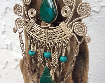 Antique Turquoise Silver Filigree Brooch - Pendant, Art Deco Native American pendant jewelry