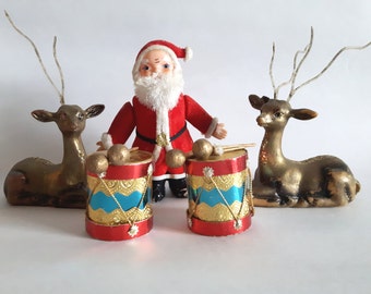 5 Vintage Christmas Decorations: Flocked Santa, Plastic Gold Deer, Blue and Red Paper Drums - 1950s Christmas Decorations - Fair Condition