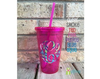 Monogrammed Lilly Pulitzer Tumbler, Personalized 16 oz Tumbler Cup with Straw, Monogram Tumbler Personalized with Lilly Pulitzer Vinyl