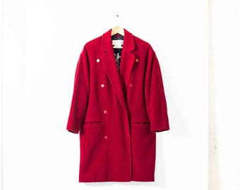 90s Wool Coat in Red with Pattern Lining - Double Breasted Wool Coat - Ladies Red Wool Coat - Red Jacket - 90s - Boyfriend Fit