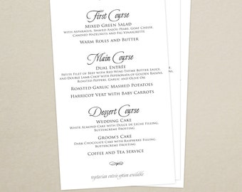 Personalized wedding dinner menu card.  Cards are sized 4.25 x 9 and are printed on 110# premium card stock (white and ivory options available).  Matching weddi