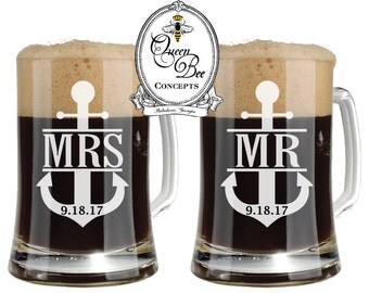 SPLIT ANCHOR - Mr & Mrs Beer Mug - Bride and Groom Beer Mugs -16 ounce Beer Mug-Laser Engraved Mug, Wedding Gift, Free Engraving