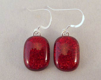 Red Dichroic Fused Glass Dangle Earrings, Dichroic, Fused Glass, Fused Glass Earrings, Glass Earrings, Dichroic Earrings, Dangle, Red