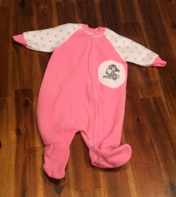 Cutest Vintage Thumper Bunny Footed Pajamas PJs Sleeper Zip Up Pink & White w/Stars Size Newborn, 0-6 months Baby Girl Bambi