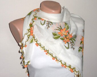 white scarf orange green scarf floral print scarf trendy scarf cotton scarf yemeni scarf türkish womans scarf gift for her