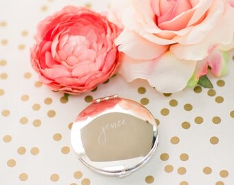 Personalized Round Mirror Compact - (ONE) Custom Engraved Silver Compact 2.75" - Bridesmaid Proposal Gift Basket - Hand Brush Lettering