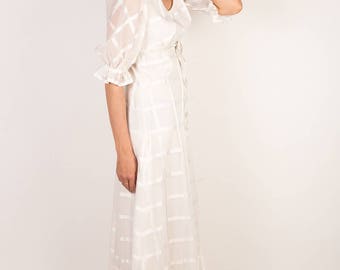70s Maxi Length Wedding Dress, Empire Waist Boho Hippie Prairie Modest Wedding Gown, M