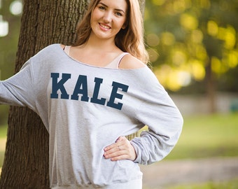 Vegetarian Kale Shirt - KALE Slouchy Sweatshirt - ANVIL Raw Edge Off Shoulder French Terry Sweatshirt - Item 1760