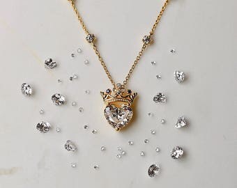Crown heart necklace, queen necklace, pendant necklace, sterling silver necklace, statement necklace, jewelry, gift for queen, gift for her