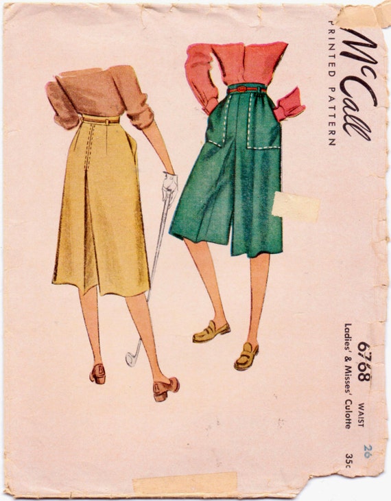 Vintage 1940s Womens Sewing Pattern McCall 6768 Culottes Or