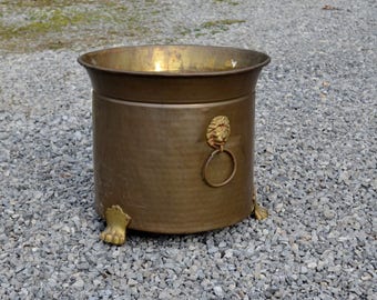 Vintage Large Brass Planter Lion Head Handles 13 inch Pot Jardiniere Aged Patina Fireplace Decor Rustic Metal Container PanchosPorch