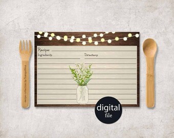 Bridal Shower Recipe Card Printable, Mason Jar Baby's breath Recipe Card, Rustic Recipe Card, Printable Recipe Cards, Digital File