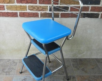 Vintage Blue Cosco Step Stool and Chair, Flip Seat, Kitchen Seat
