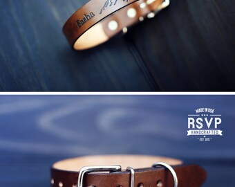 Personalized Leather Dog Collar, Custom Leather Dog Collar, Handmade personalized gift, Brown Stain, Mountains, adventures, FREE Name