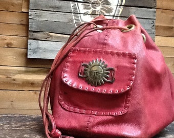 Vintage Bucket Bag Vtg Red Leather Drawstring Handbag with Gold Sun Medallion Hippie Boho Festival Purse