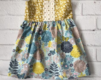 Boho Baby Dress, Vintage Style Dress Girls Dress, Mustard Blue Little Girls Dress, Toddler Girl Dress, Retro Dress, Sundress, Made To Order